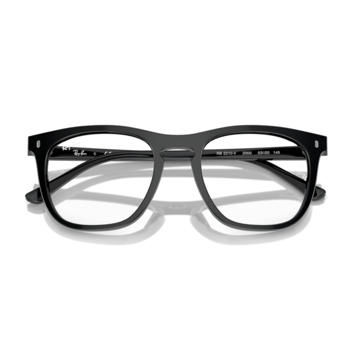 Ray-Ban RX2210V black square eyeglasses, front view with the temples folded