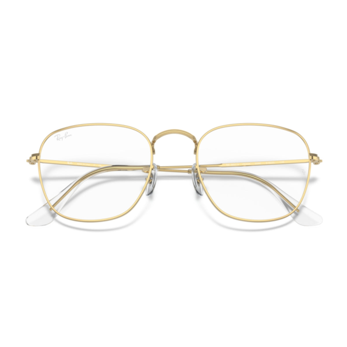 Ray-Ban RX3857V gold square eyeglasses, front view with the temples folded