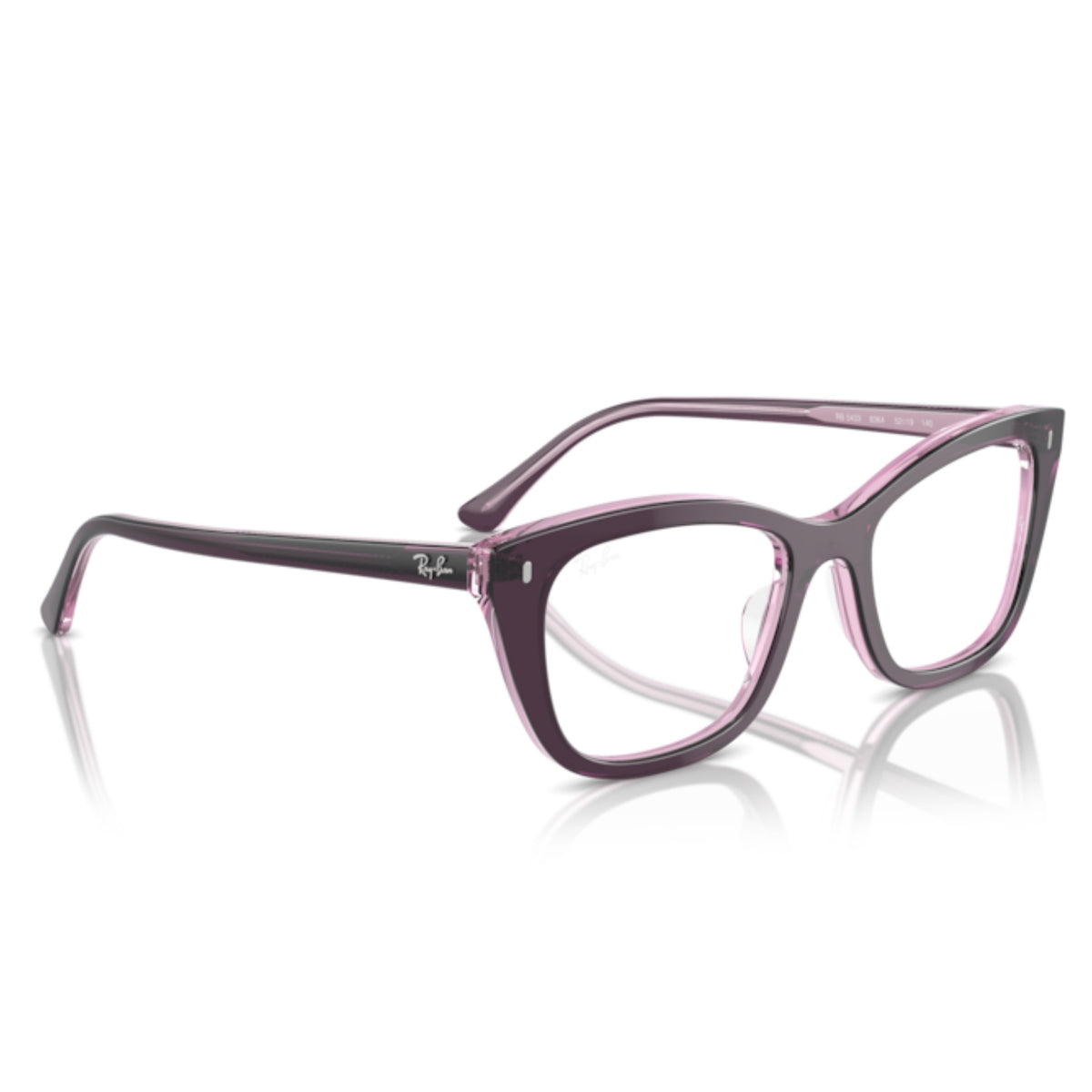Ray-Ban RX5433 violet on transparent pink square eyeglasses, angled view