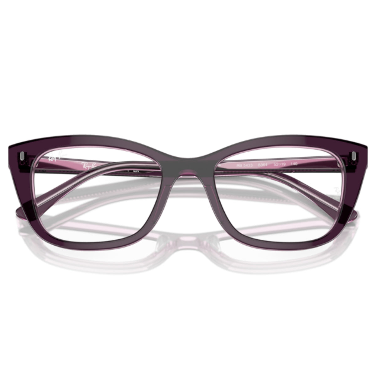 Ray-Ban RX5433 violet on transparent pink square eyeglasses, front view with the temples folded