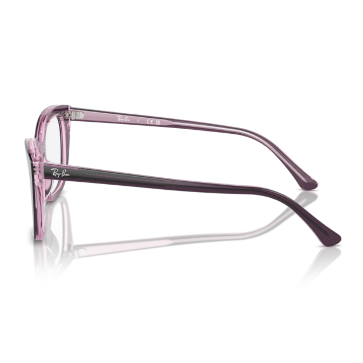 Ray-Ban RX5433 violet on transparent pink square eyeglasses, side view of the temple