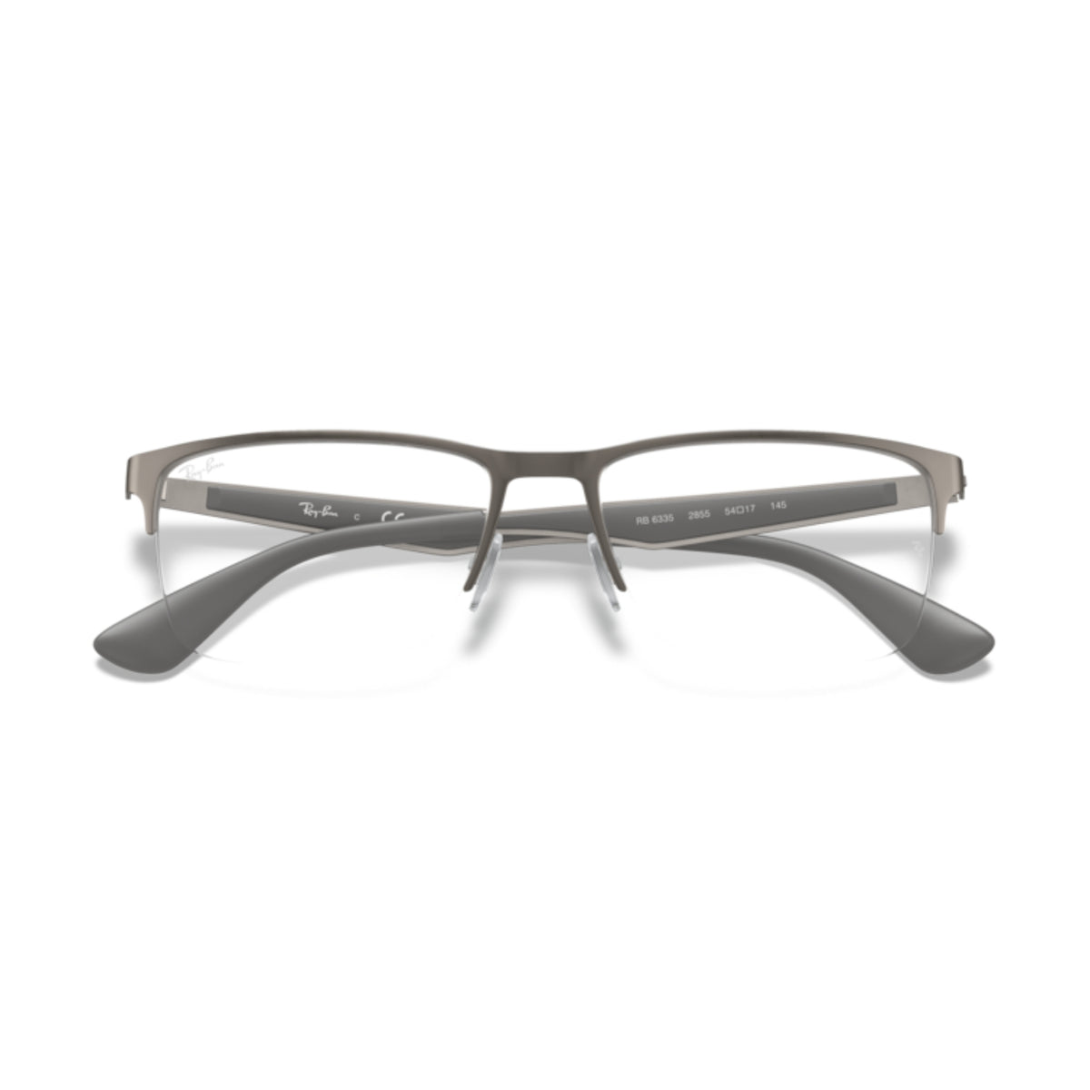 Ray-Ban RX6335 gunmetal rectangle eyeglasses, front view with the temples folded