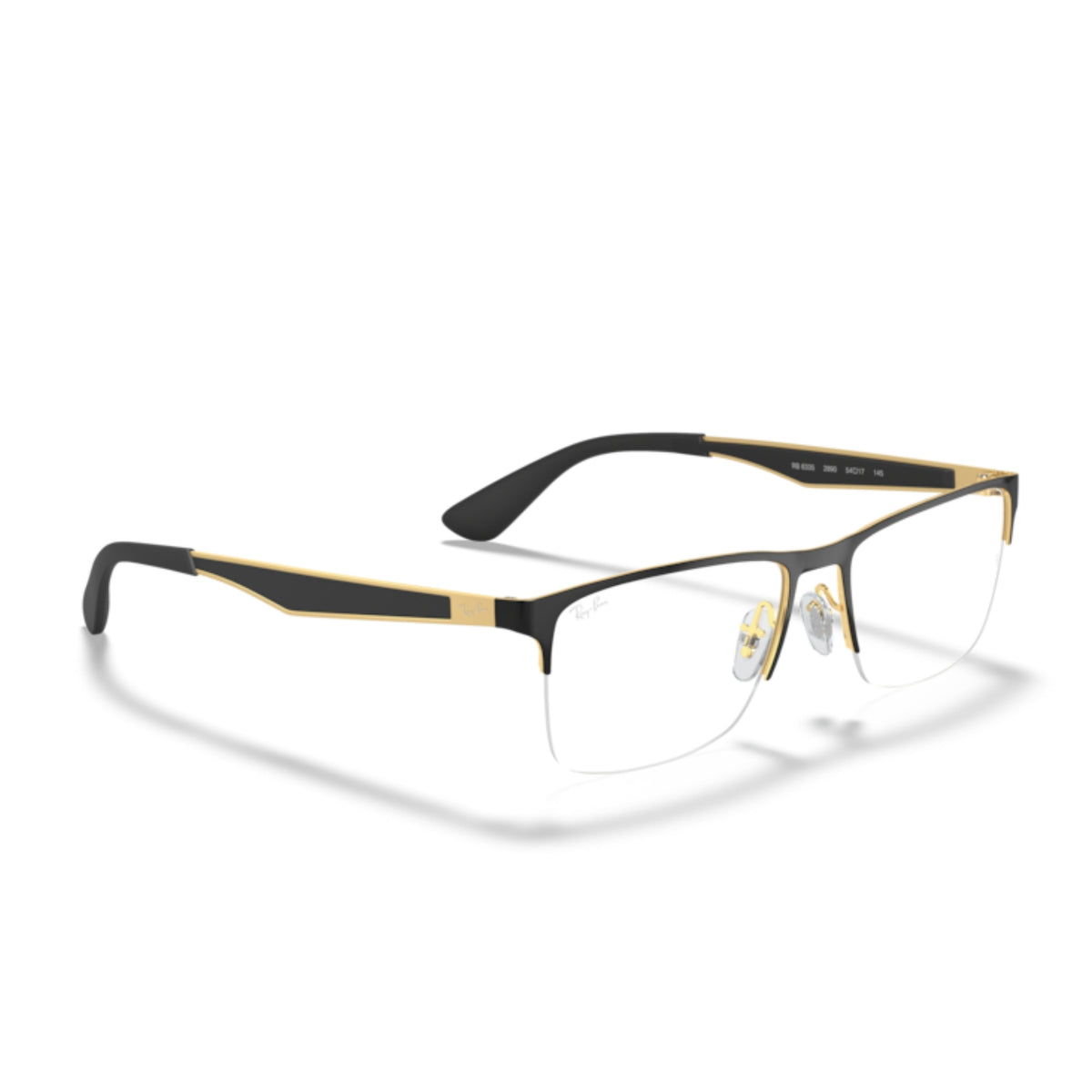 Ray-Ban RX6335 black on gold rectangle eyeglasses, angled view