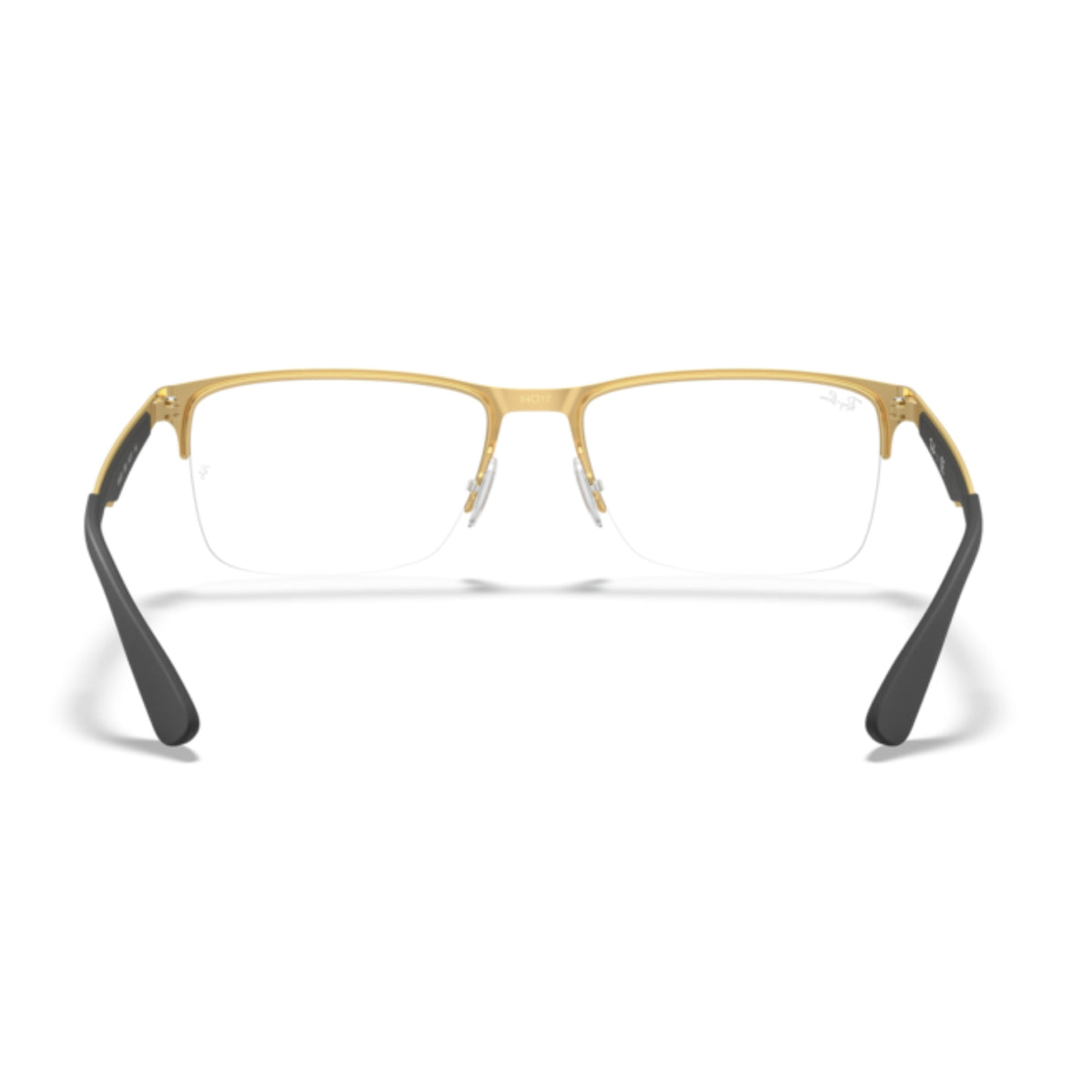 Ray-Ban RX6335 black on gold rectangle eyeglasses, back view of the frame and temples