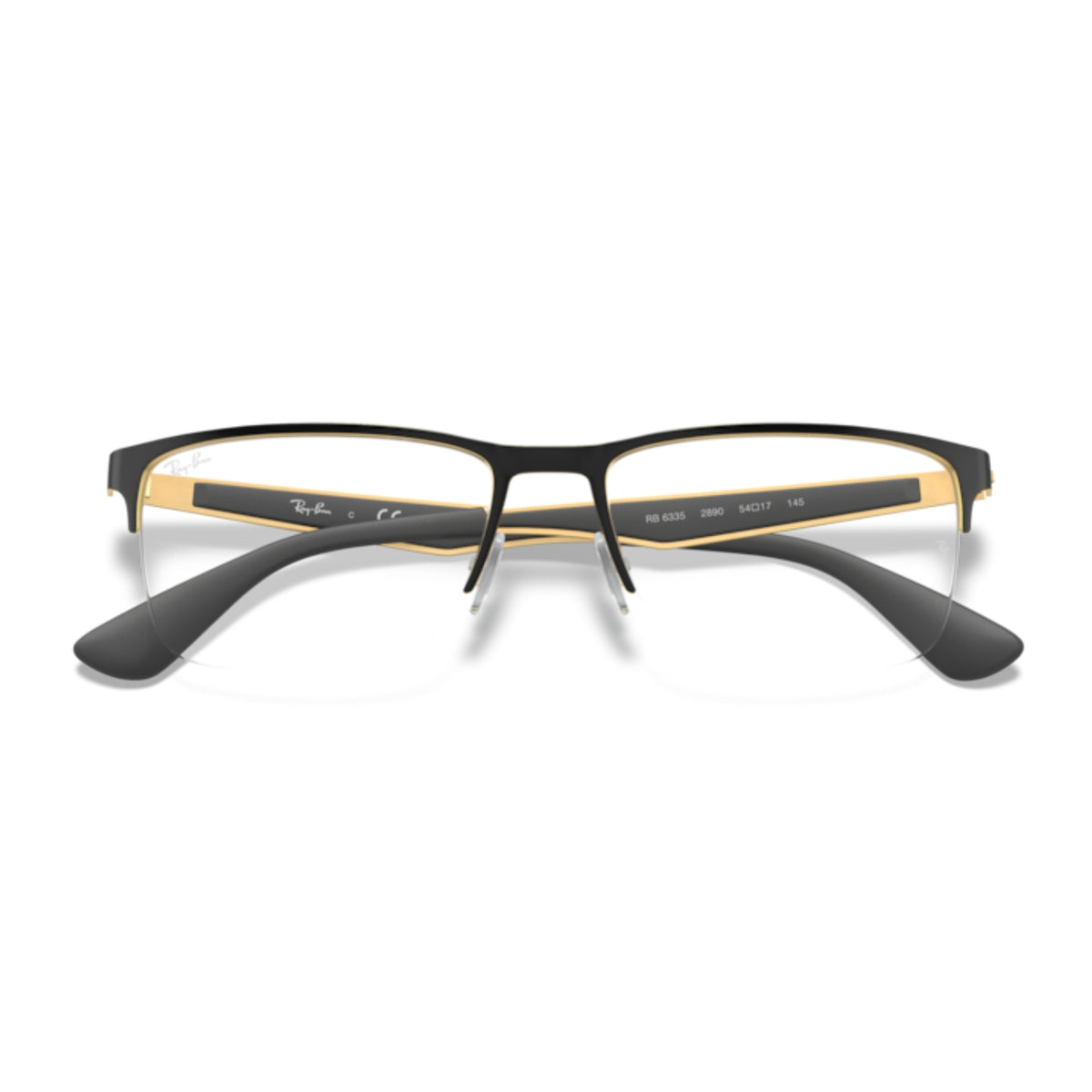 Ray-Ban RX6335 black on gold rectangle eyeglasses, front view with the temples folded