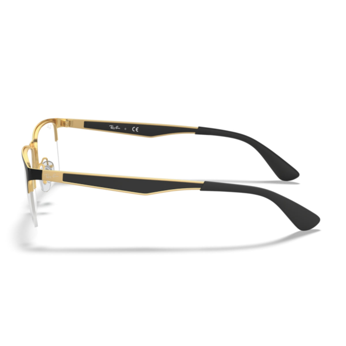 Ray-Ban RX6335 black on gold rectangle eyeglasses, side view of the gold temple