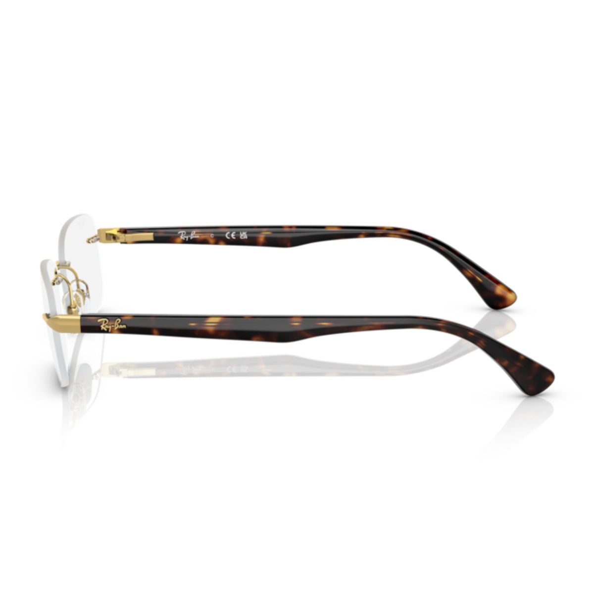Ray-Ban RX6488I arista gold rimless eyeglasses, side view of the havana temple