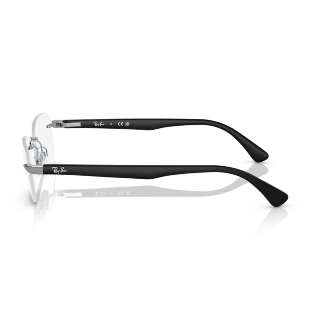 Ray-Ban RX6488I gunmetal rimless eyeglasses, side view of the black temple