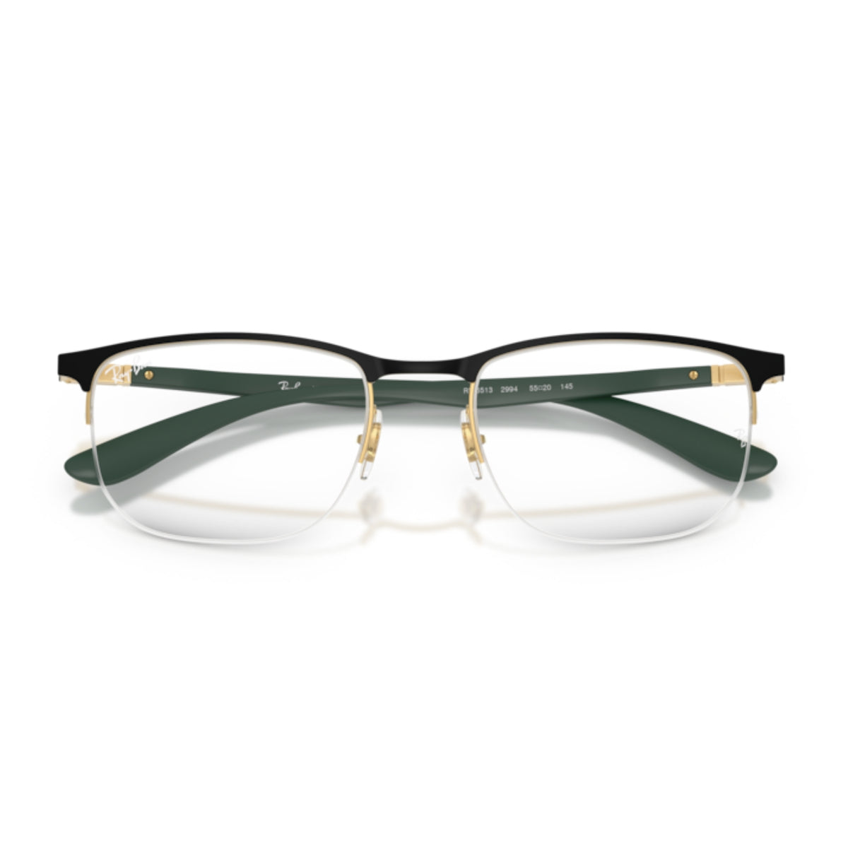 Ray-Ban RX6513 black & gold geometric eyeglasses, front view with the temples folded