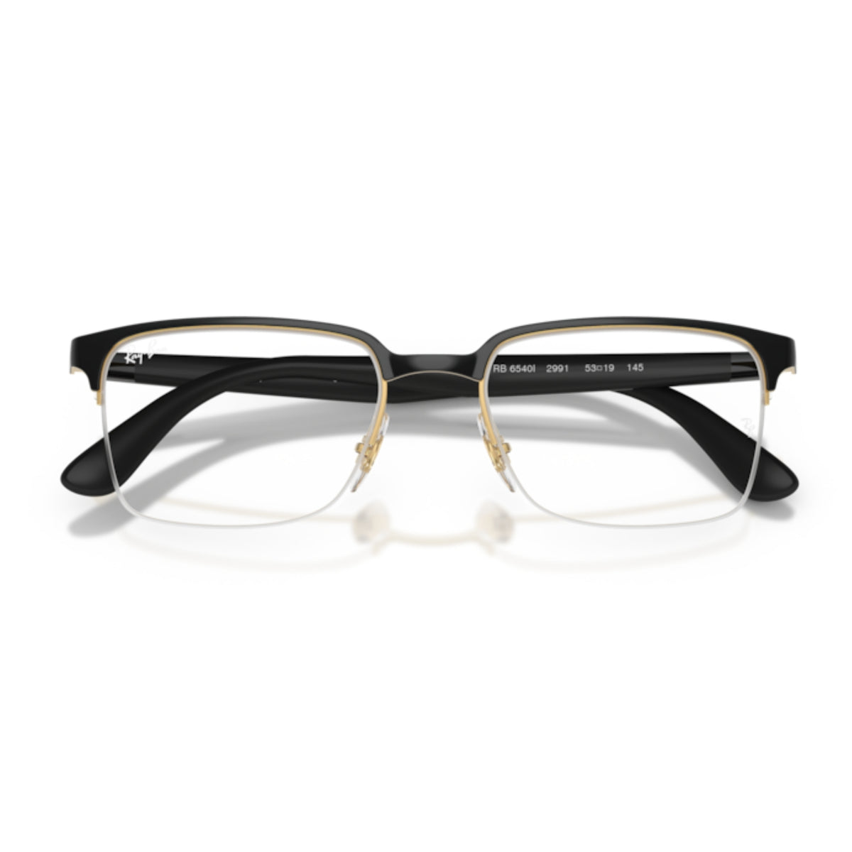 Ray-Ban RX6540I black on gold rectangle eyeglasses, front view with the temples folded