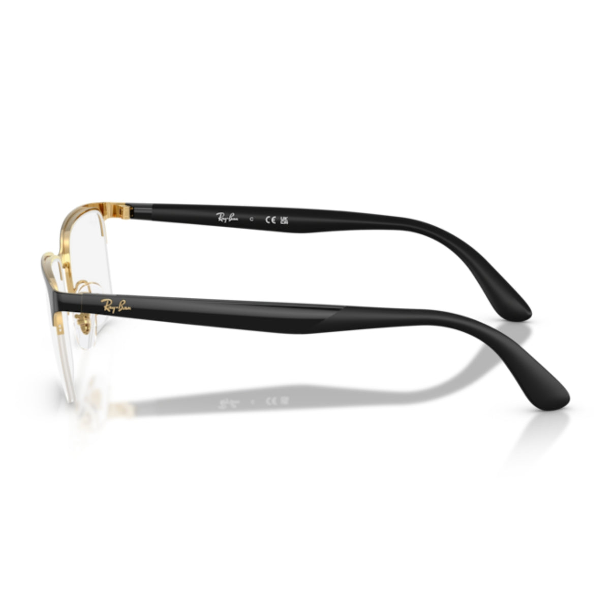 Ray-Ban RX6540I black on gold rectangle eyeglasses, side view of the black rubber temple