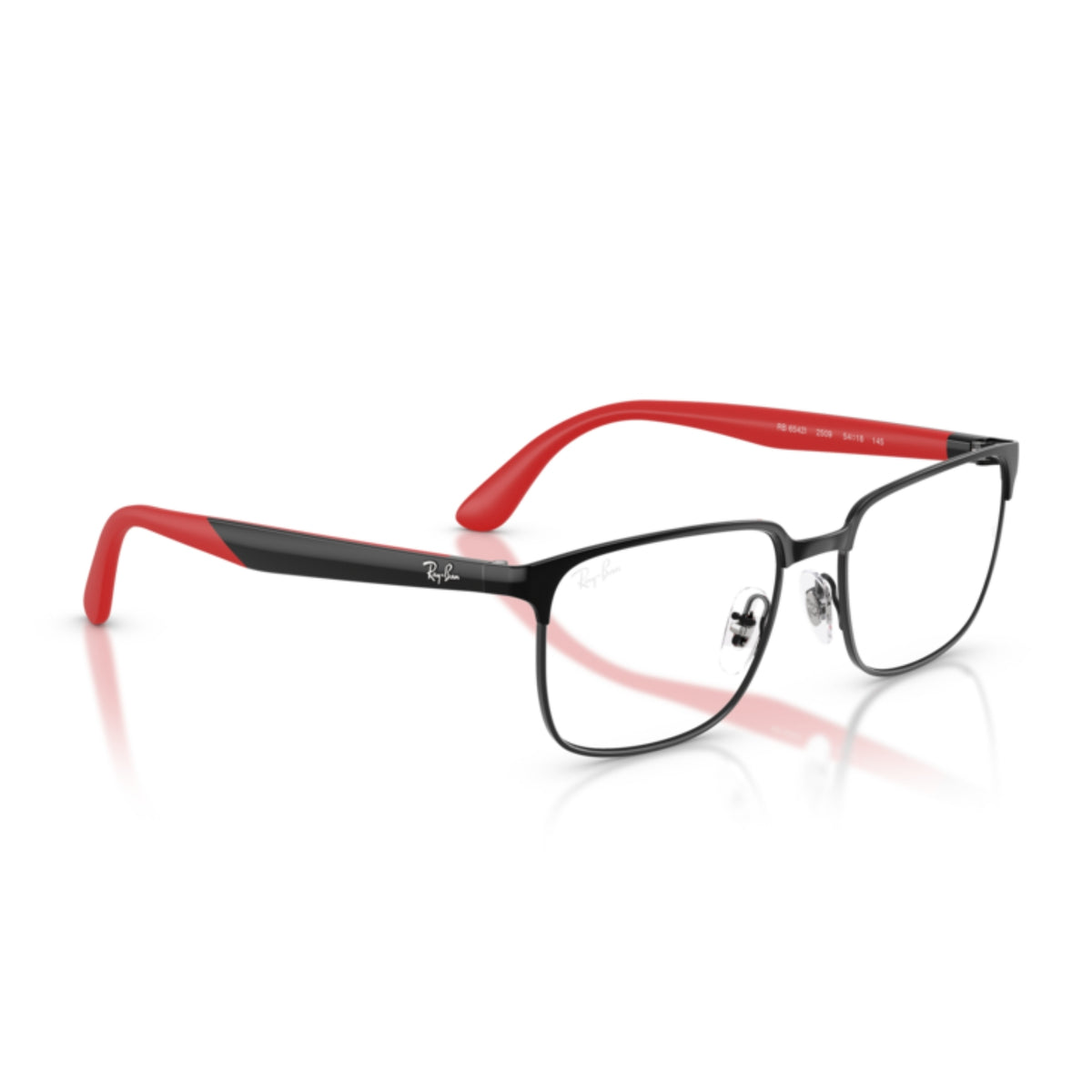 Ray-Ban RX6542I black rectangle eyeglasses, side view of the black/red rubber temple, another view