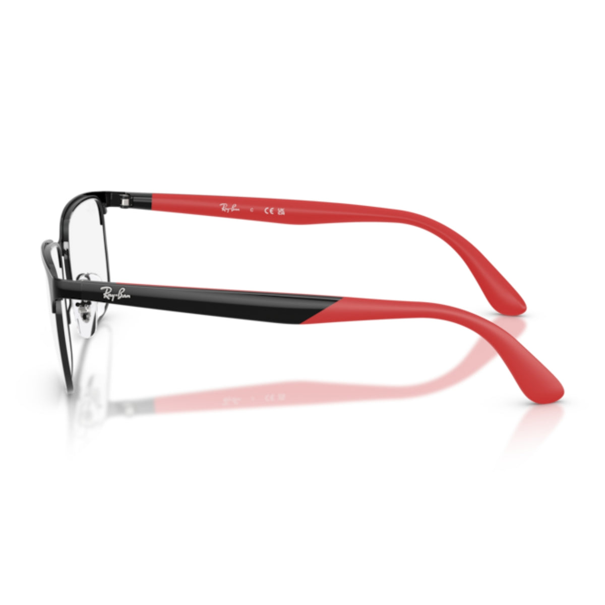 Ray-Ban RX6542I black rectangle eyeglasses, side view of the black/red rubber temple