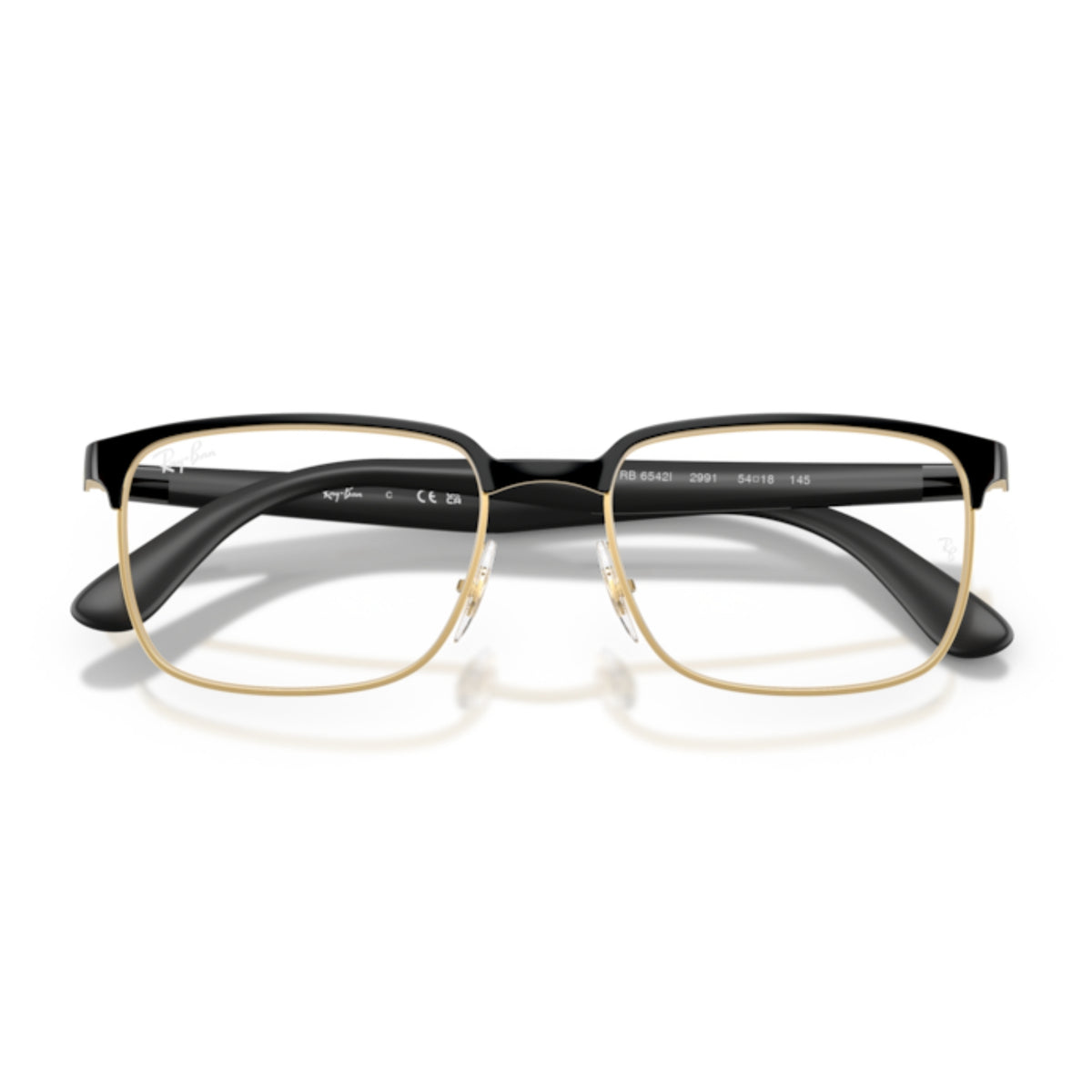 Ray-Ban RX6542I black on gold rectangle eyeglasses, front view with the temples folded