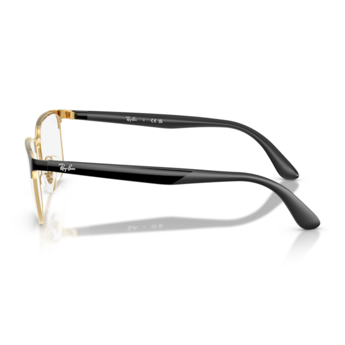 Ray-Ban RX6542I black on gold rectangle eyeglasses, side view of the black/rubber black temple