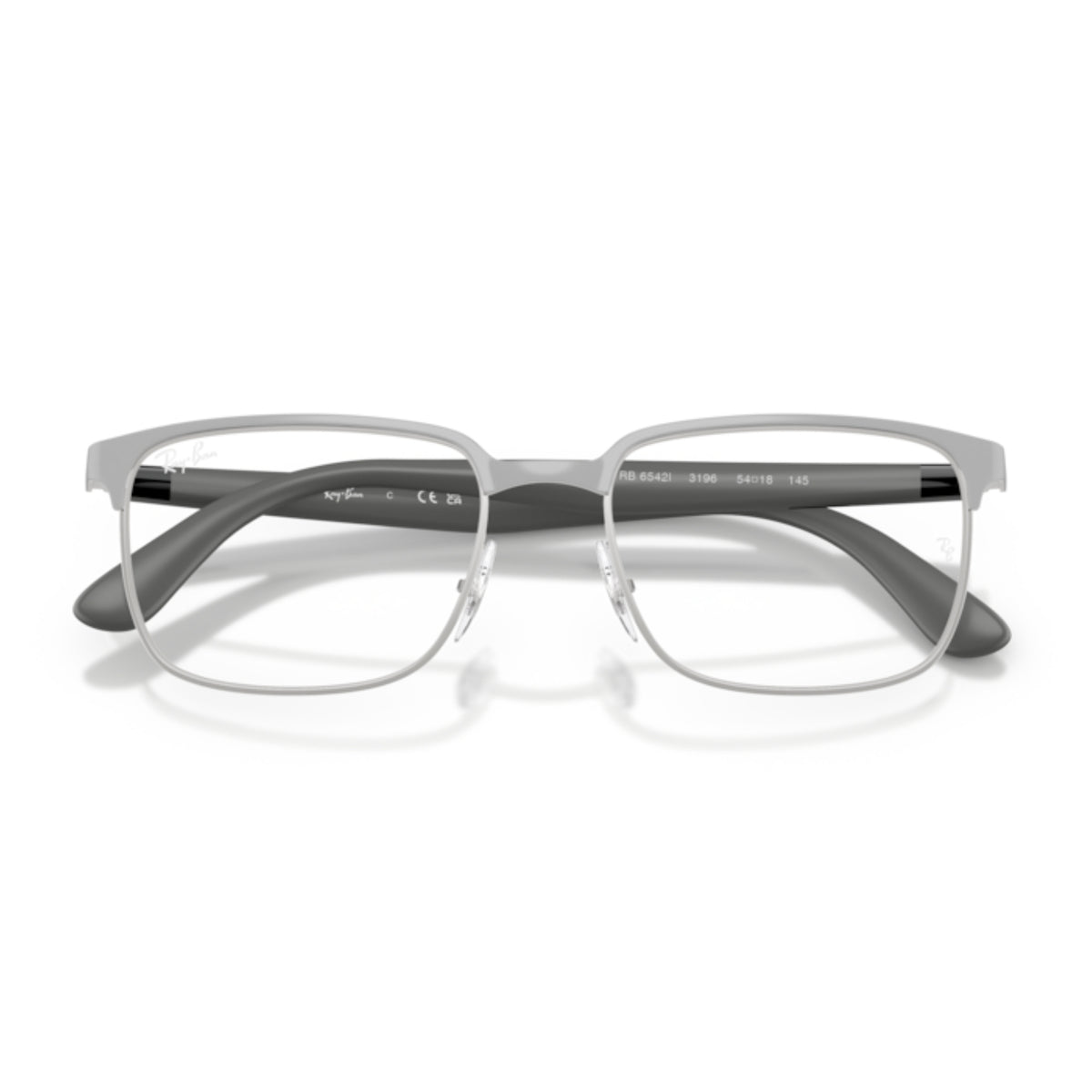 Ray-Ban RX6542I gunmetal rectangle eyeglasses, front view with the temples folded