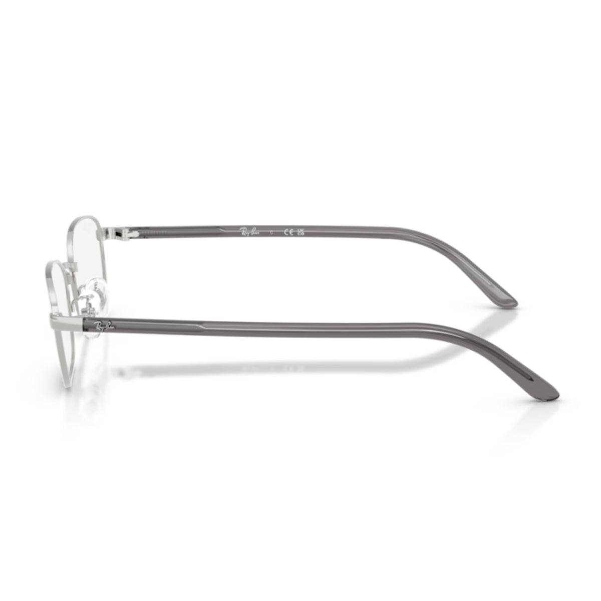 Ray-Ban RX6551D silver square eyeglasses, side view of the transparent dark grey temple
