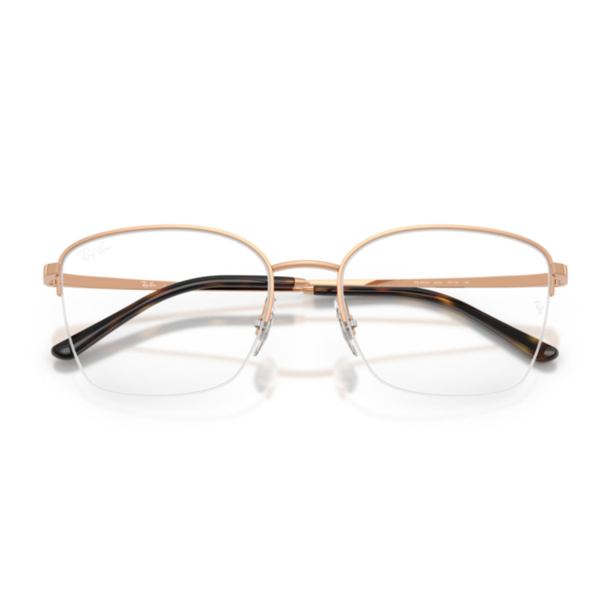Ray-Ban RX6554I rose gold geometric eyeglasses, front view with the temples folded