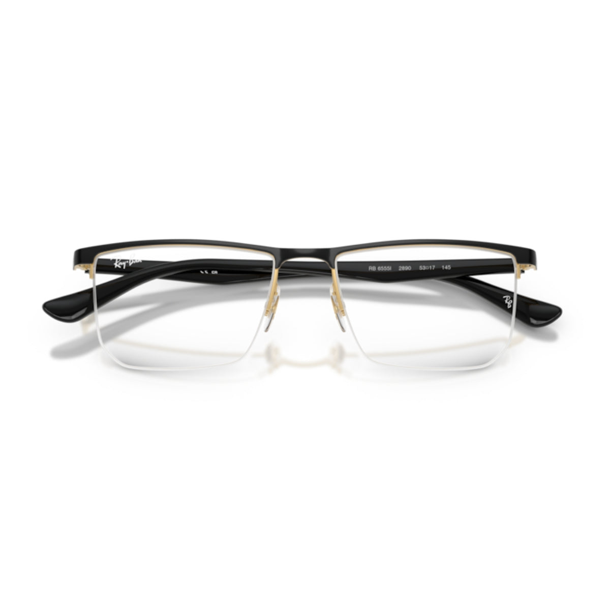 Ray-Ban RX6555I black & gold rectangle eyeglasses, front view with the temples folded