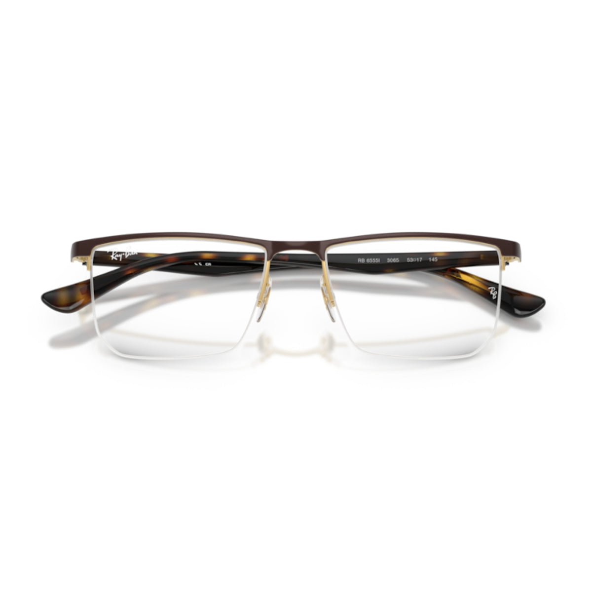 Ray-Ban RX6555I matte brown on arista rectangle eyeglasses, front view with the temples folded