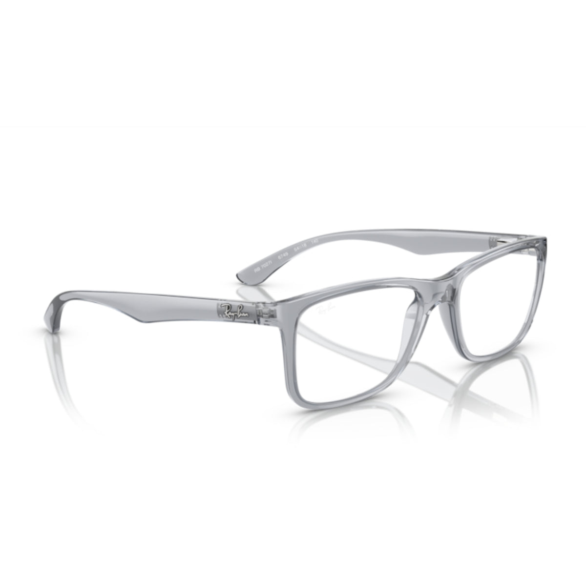 Ray-Ban RX7027I transparent grey square eyeglasses, angled view