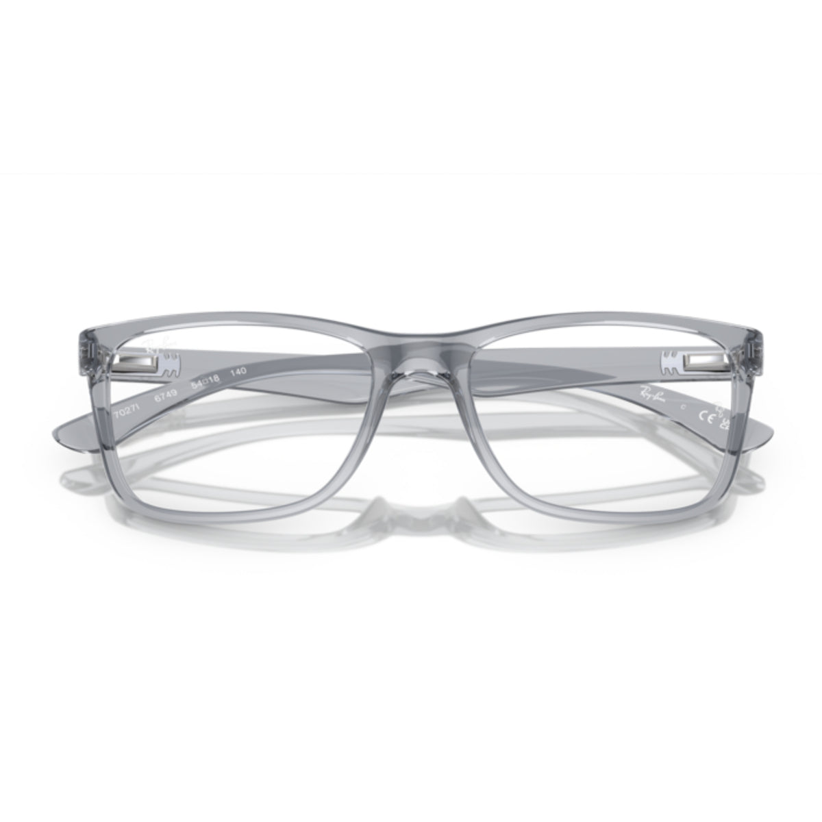 Ray-Ban RX7027I transparent grey square eyeglasses, front view with the temples folded