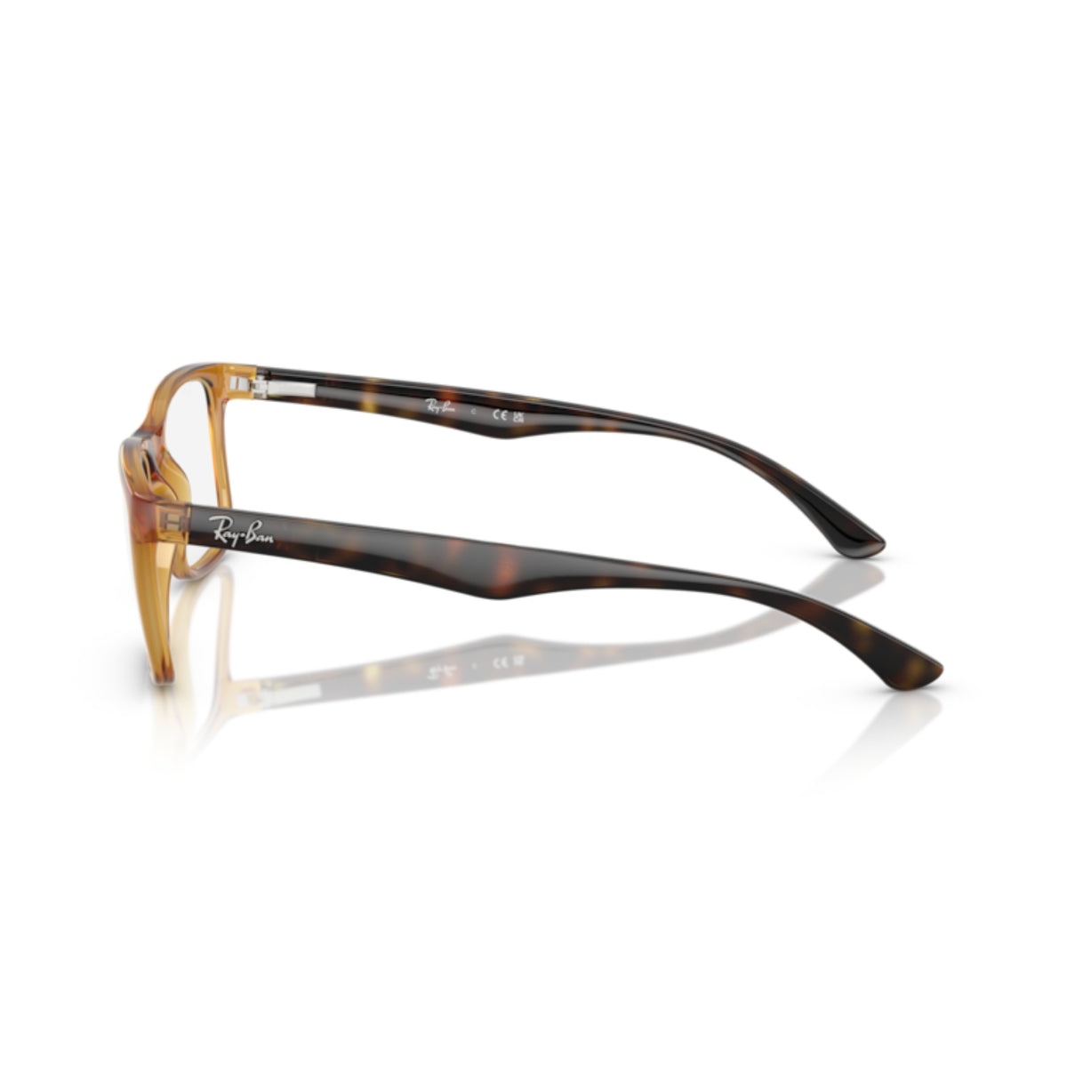 Ray-Ban RX7027I transparent yellow square eyeglasses, side view of the havana temple