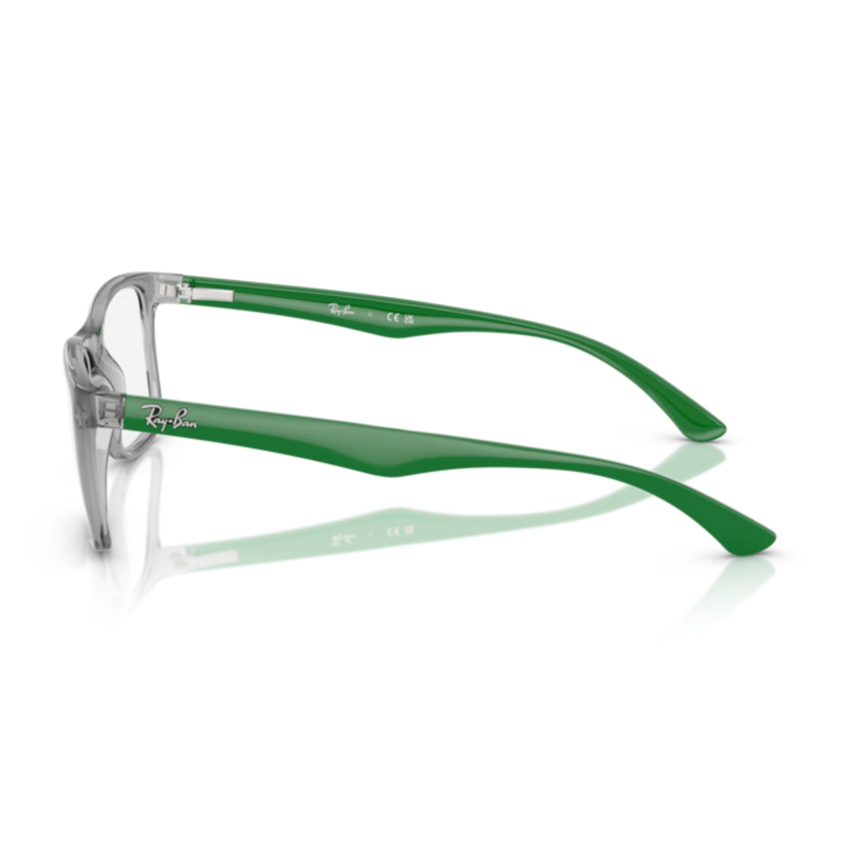 Ray-Ban RX7027I transparent grey square eyeglasses, side view of the green temple