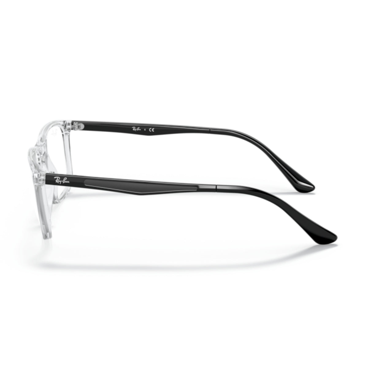 Ray-Ban RX7170I transparent rectangle eyeglasses, side view of the black temple