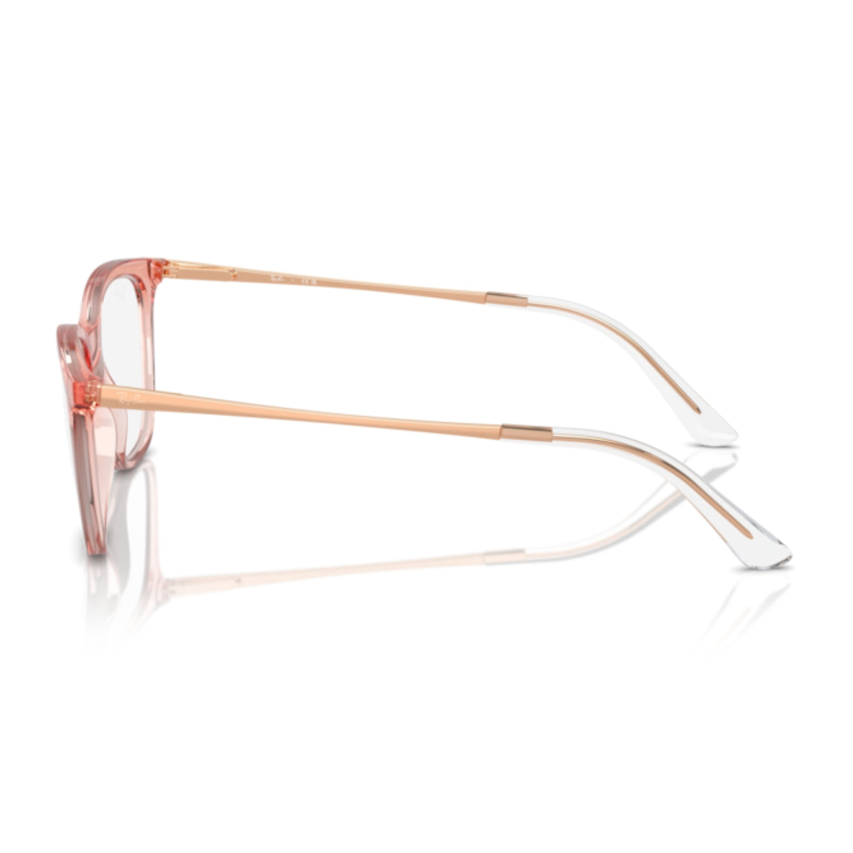 Ray-Ban RX7237I light brown square eyeglasses, side view of the rose gold temple