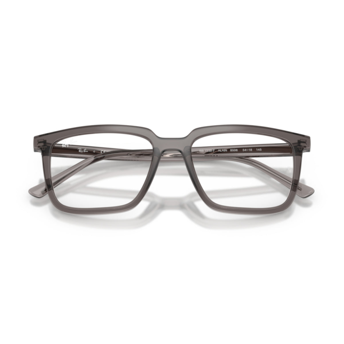 Ray-Ban RX7239 transparent grey rectangle eyeglasses, front view with the temples folded