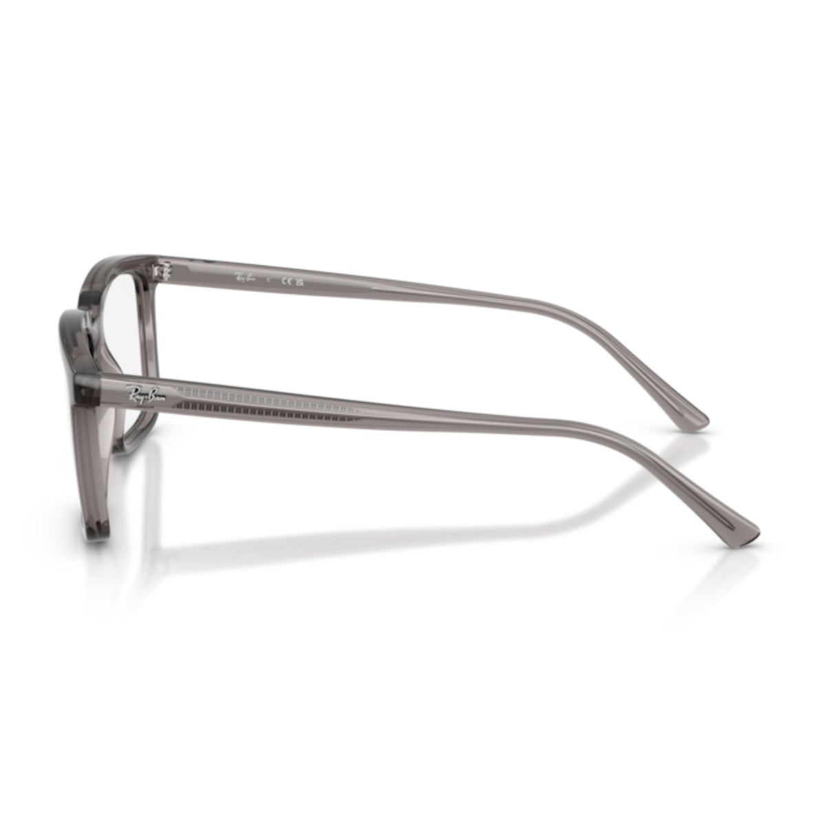 Ray-Ban RX7239 transparent grey rectangle eyeglasses, side view of the temple