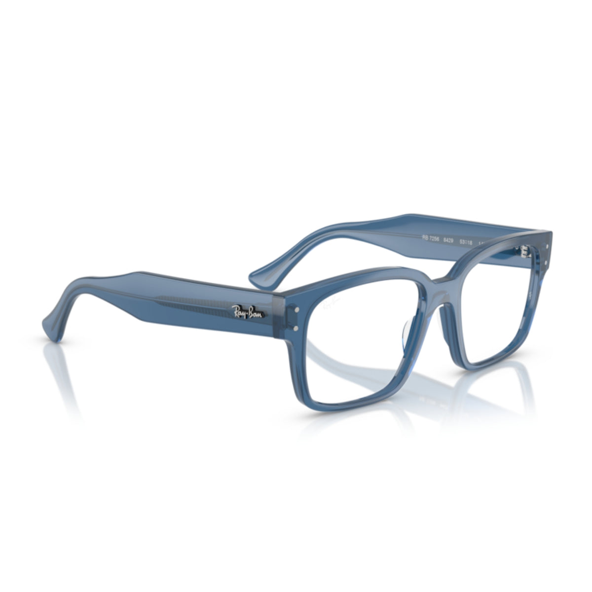 Ray-Ban RX7256 transparent blue square eyeglasses, angled view