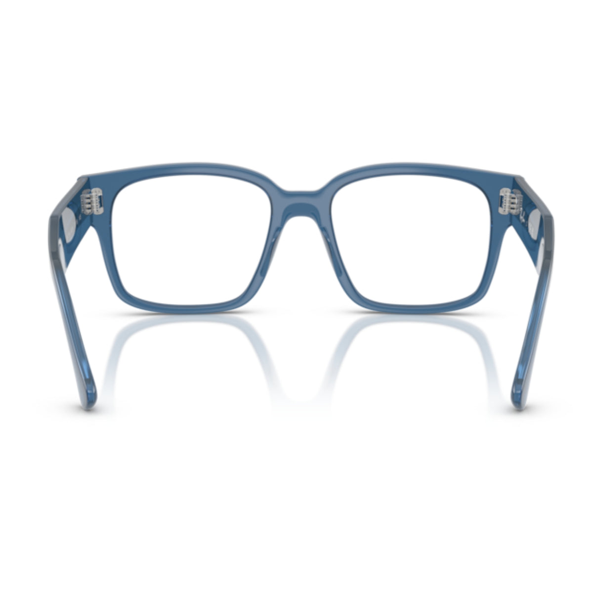 Ray-Ban RX7256 transparent blue square eyeglasses, back view of the frame and temples