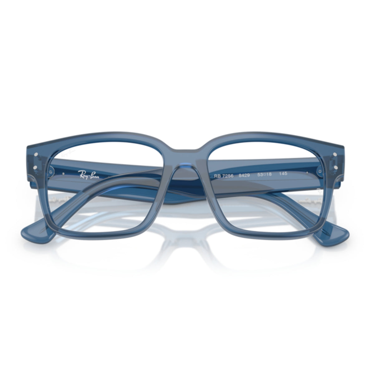 Ray-Ban RX7256 transparent blue square eyeglasses, front view with the temples folded