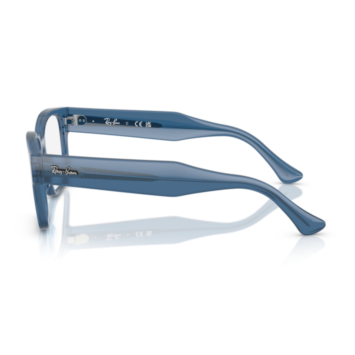 Ray-Ban RX7256 transparent blue square eyeglasses, side view of the temple