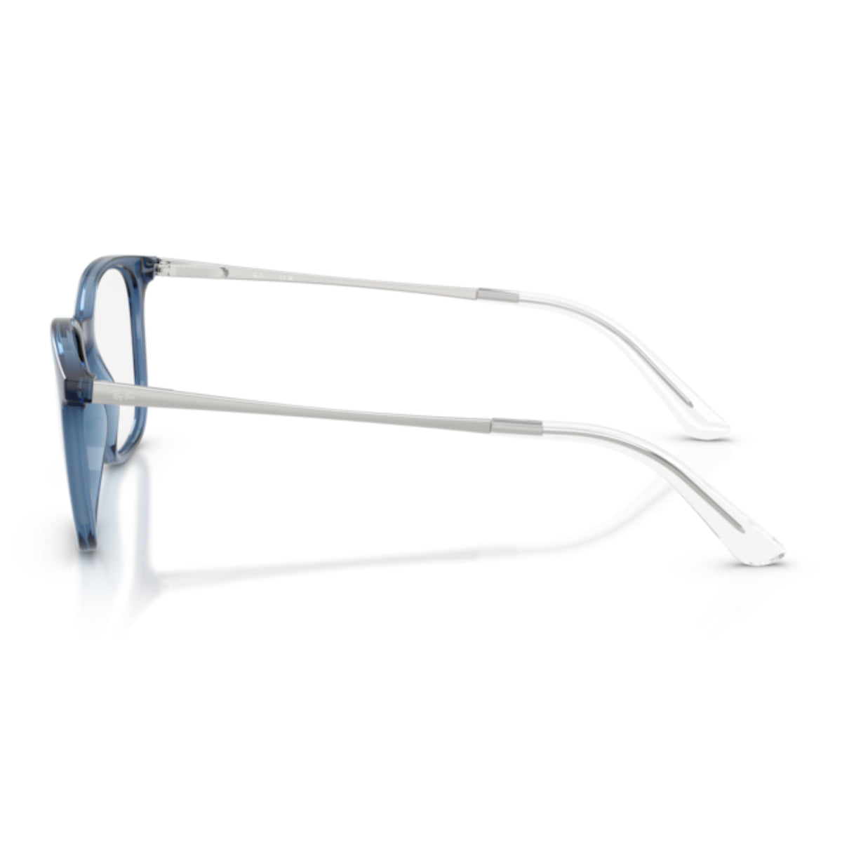 Ray-Ban RX7263I blue square eyeglasses, side view of the silver temple