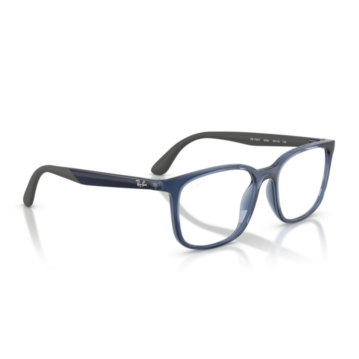 Ray-Ban RX7267I transparent blue square eyeglasses, angled view