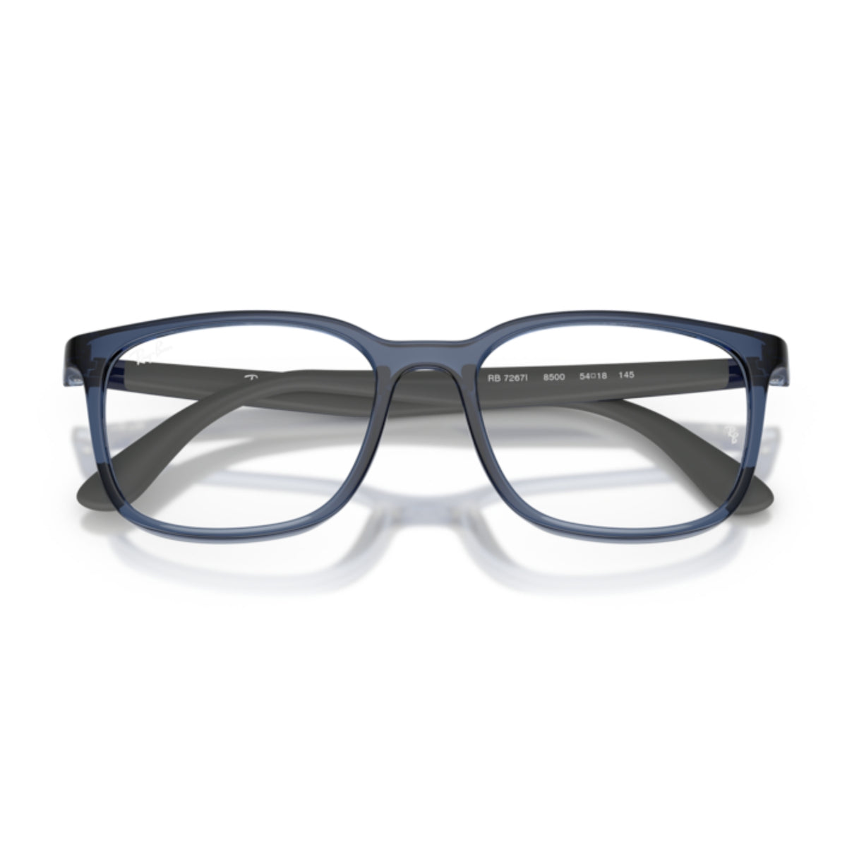Ray-Ban RX7267I transparent blue square eyeglasses, front view with the temples folded