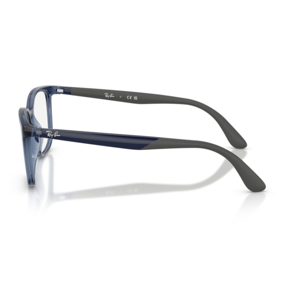 Ray-Ban RX7267I transparent blue square eyeglasses, side view of the blue & grey temple