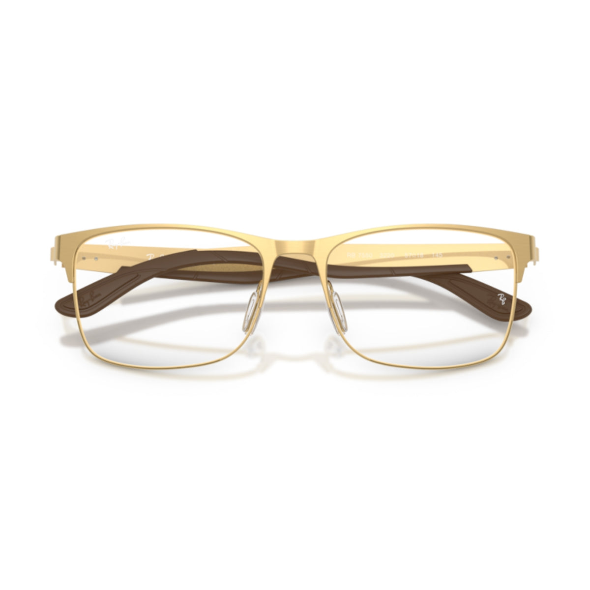 Ray-Ban RX7550 arista gold rectangle eyeglasses, front view with the temples folded