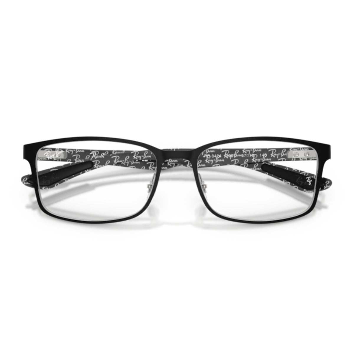 Ray-Ban RX8424 matte black & silver rectangle eyeglasses, front view with the temples folded