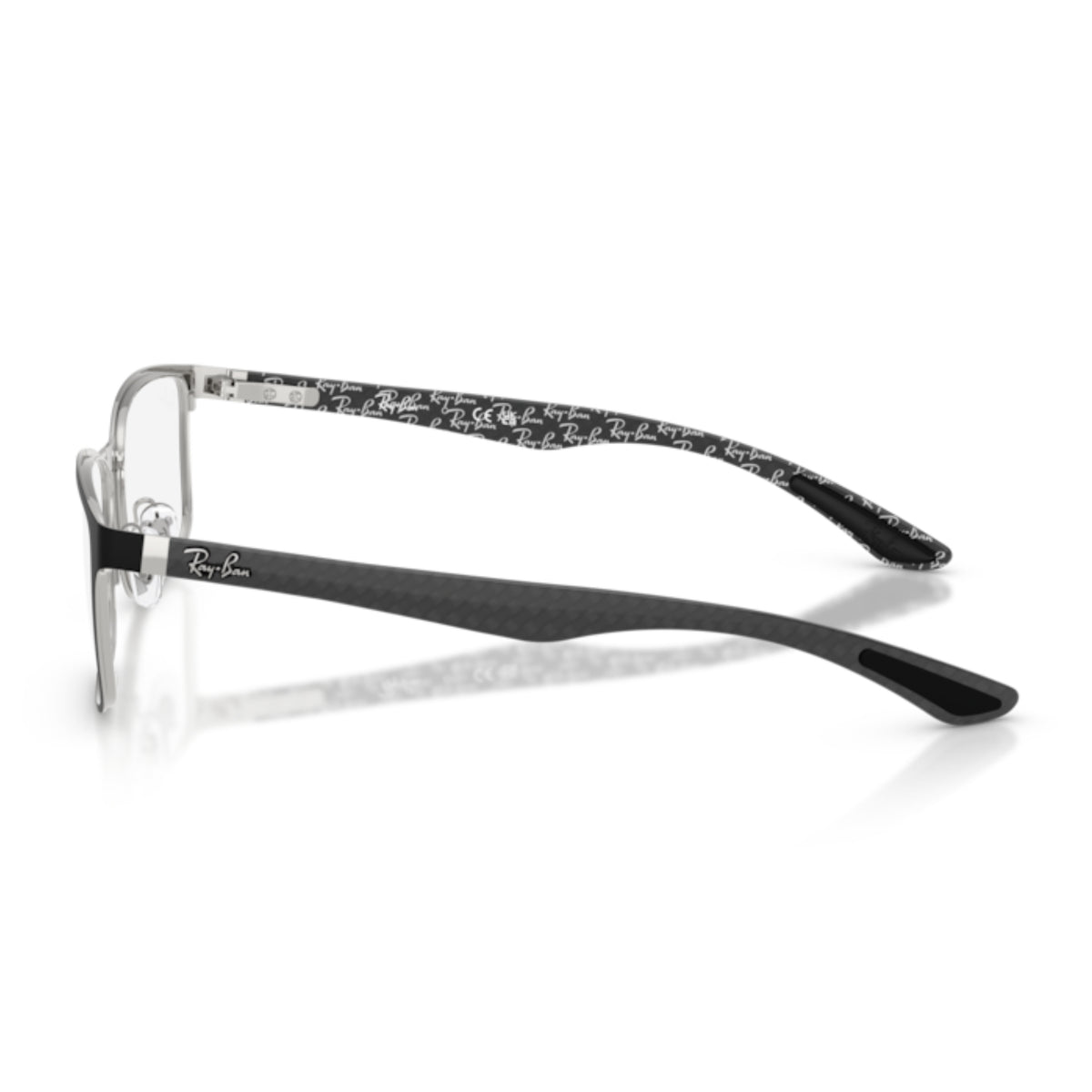 Ray-Ban RX8424 matte black & silver rectangle eyeglasses, side view of the silver temple