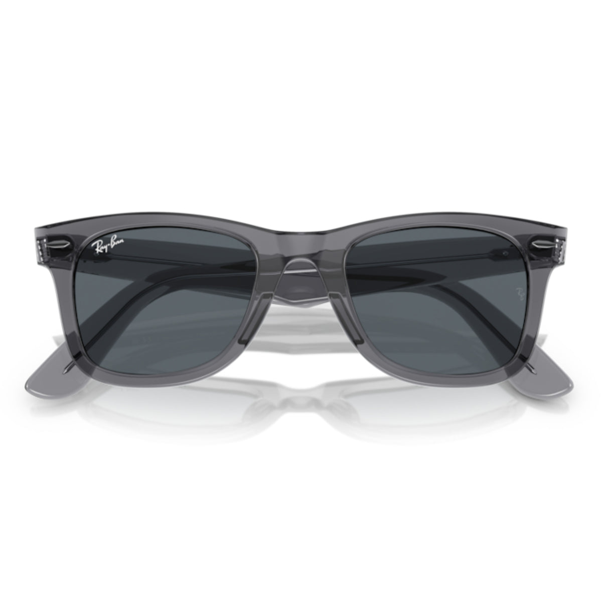 Ray-Ban Wayfarer RB2140 transparent gray sunglasses, front view with the temples folded