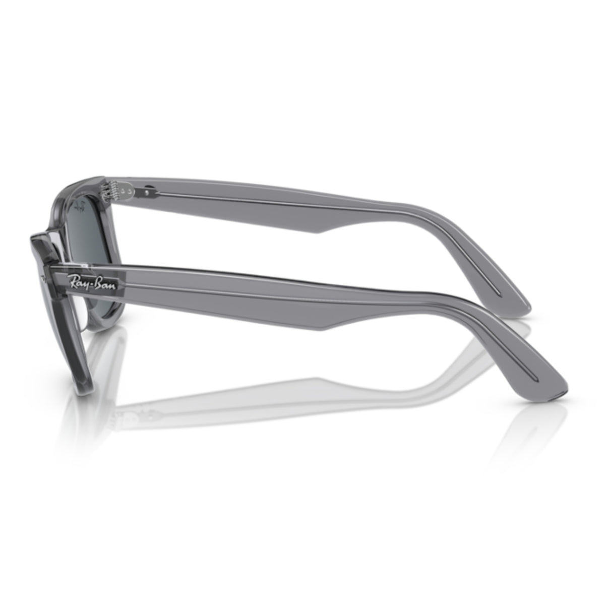 Ray-Ban Wayfarer RB2140 transparent gray sunglasses, side view of the transparent gray temple