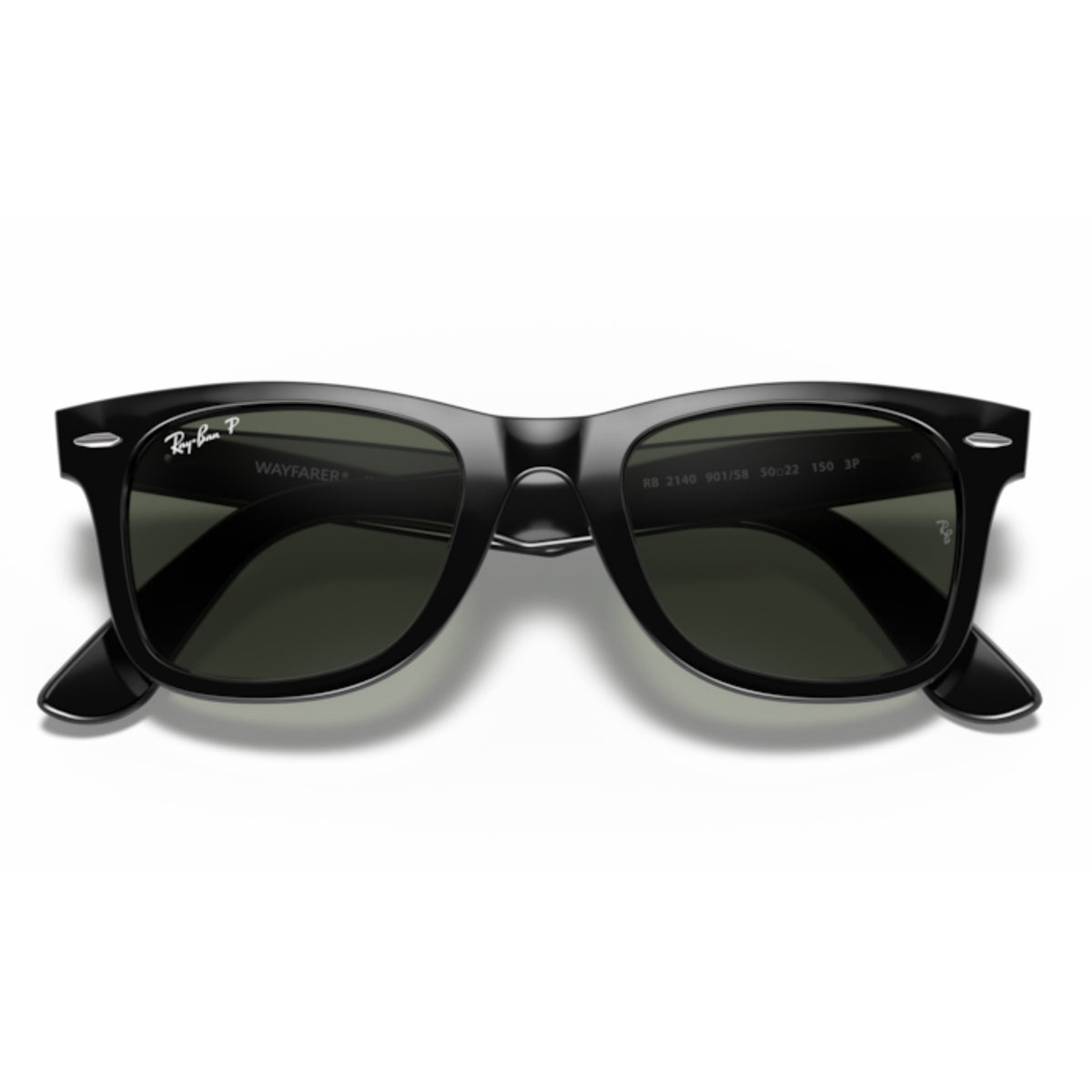 Ray-Ban Wayfarer RB2140 black sunglasses, front view with the temples folded