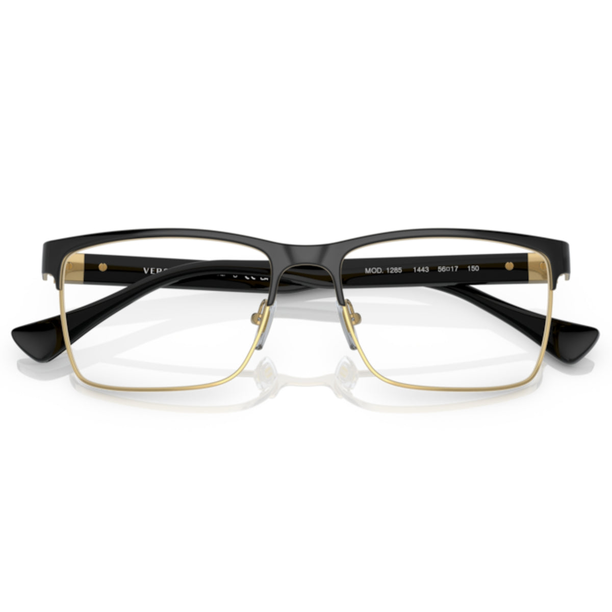 Versace VE1285 black rectangle eyeglasses, front view with the temples folded