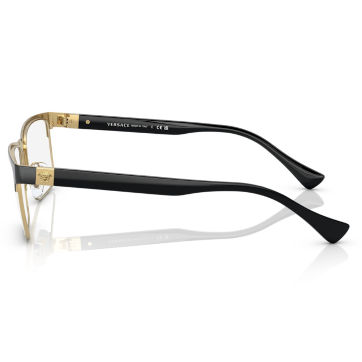 Versace VE1285 black rectangle eyeglasses, side view of the temple