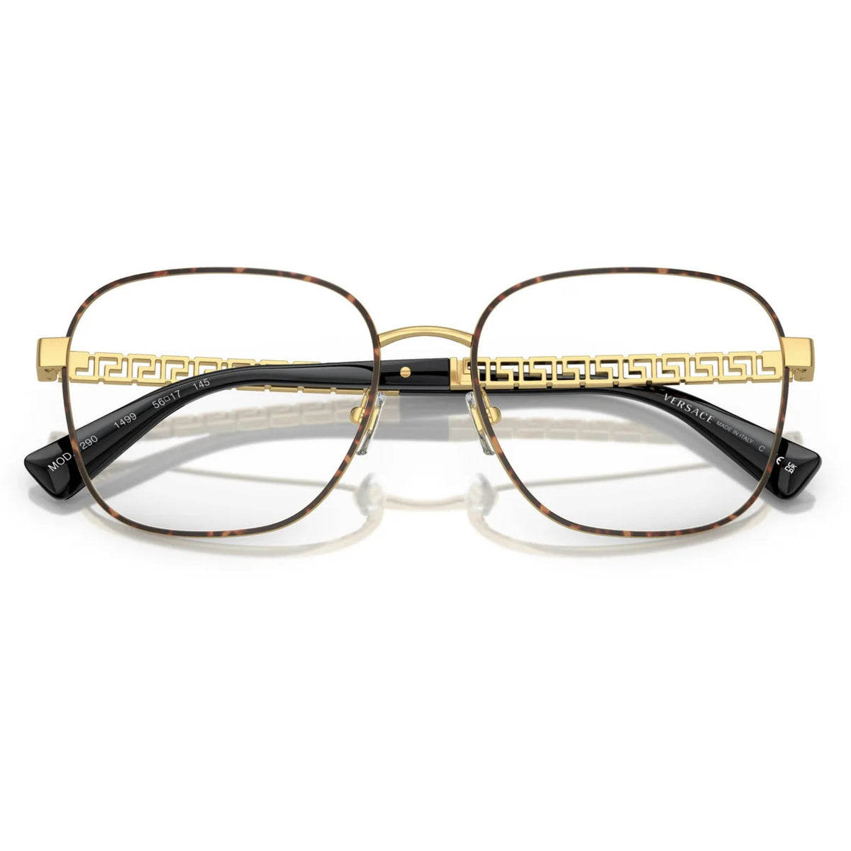 Versace VE1290 havana round eyeglasses, front view with the temples folded