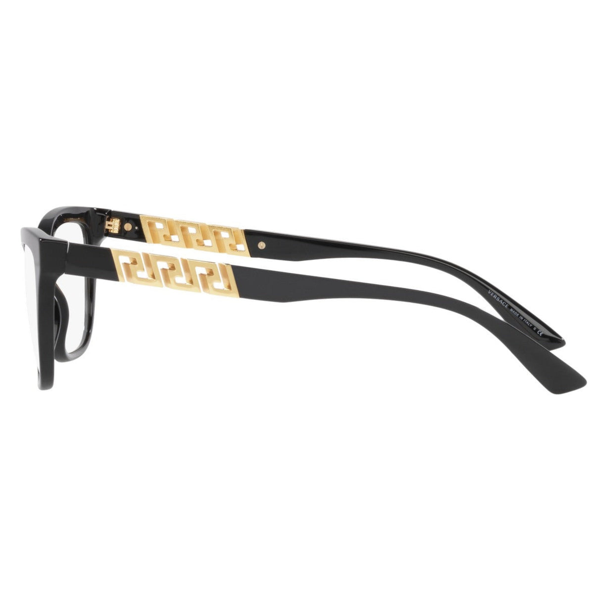 Versace VE3318 black square eyeglasses, side view of the temple, another view